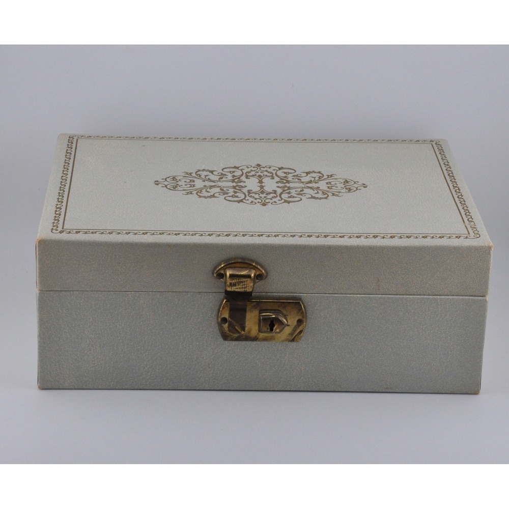 Vintage Jewelry Box Large Light Blue Good Filigree Mirror Tray